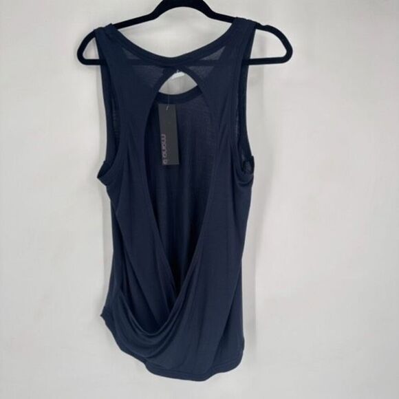 NWT Mono B Overlay Back Workout Tank Top Jersey Knit Open Back Large Navy Blue - Picture 5 of 9